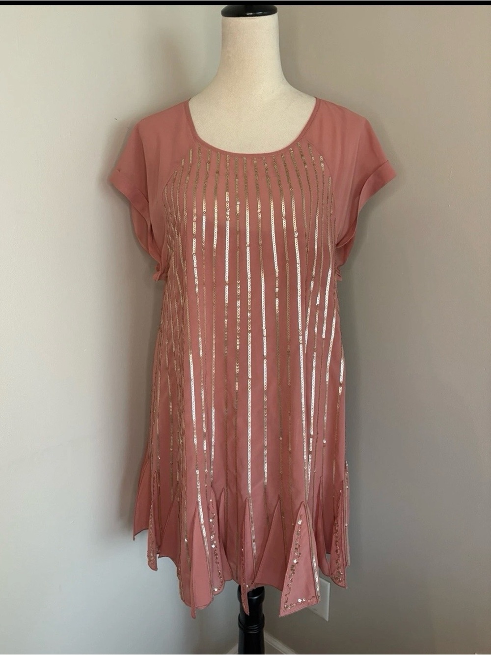 Free People Mint Julep Mini Dress Blush Pink Sequin-Striped Boho‎ Glam Large